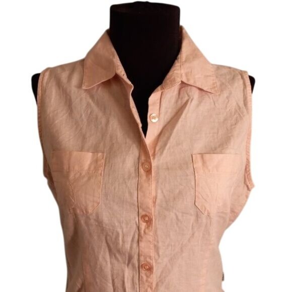 Calvin Klein Jeans Size Small Top Sleeveless Peach Button Up Blouse Linen Blend - Picture 2 of 9